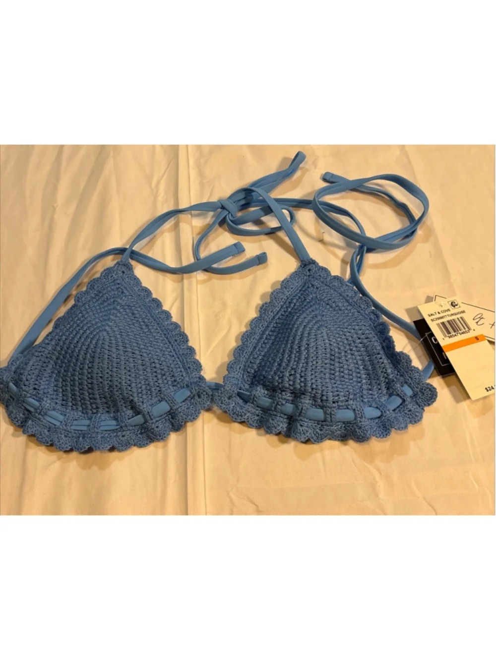NWT Salt + Cove Crochet Bikini Top Womens Small. Blue Triangle Halter Tie Boho